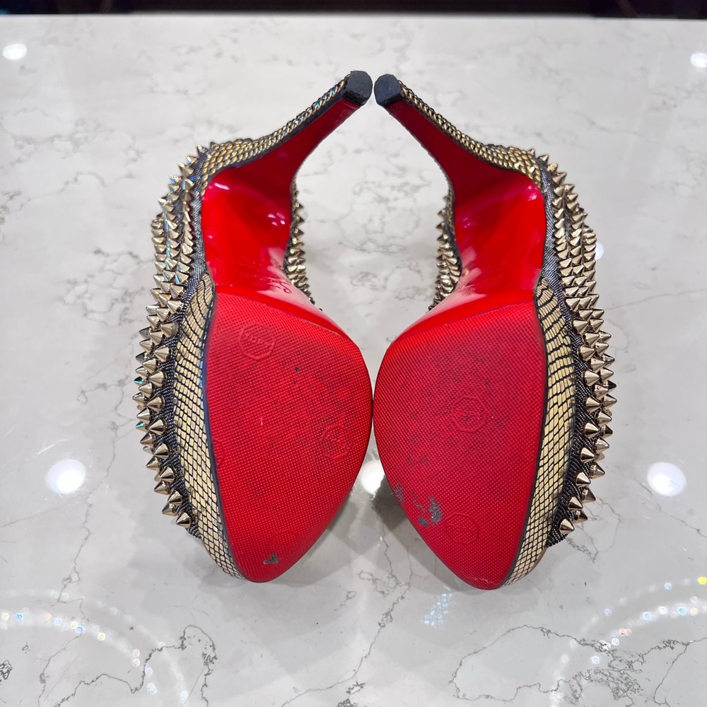 Rare Christian Louboutin Lady Peep Spikes Hematite/Bronze Strass 37.5 - Picture 10 of 15